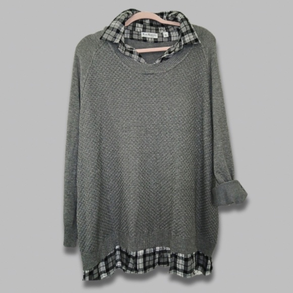 Kim Rogers Curvy Sweater Built-in Plaid Flannel Hem/Collar Long Sleeves Gray 3X - Picture 3 of 7